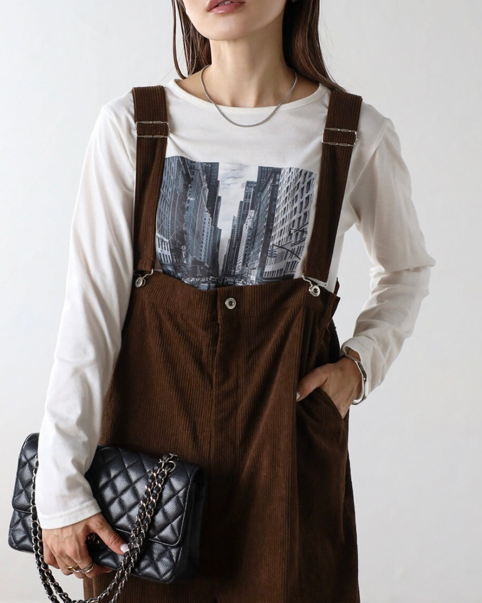 High-waist Corduroy Salopette - Brown