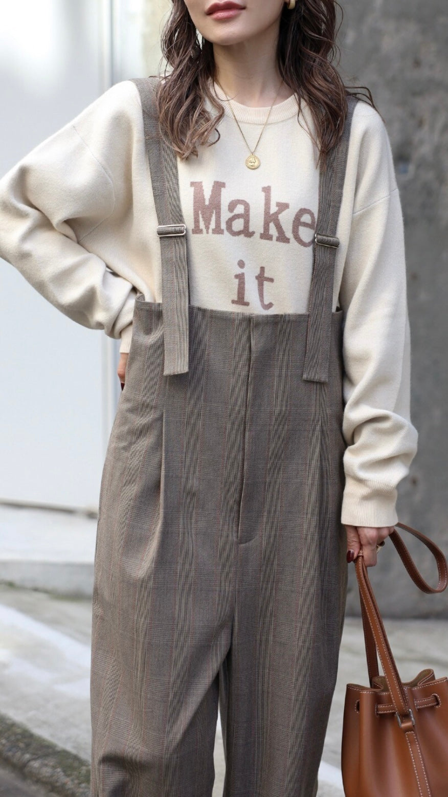 Check High-waist Salopette - Beige