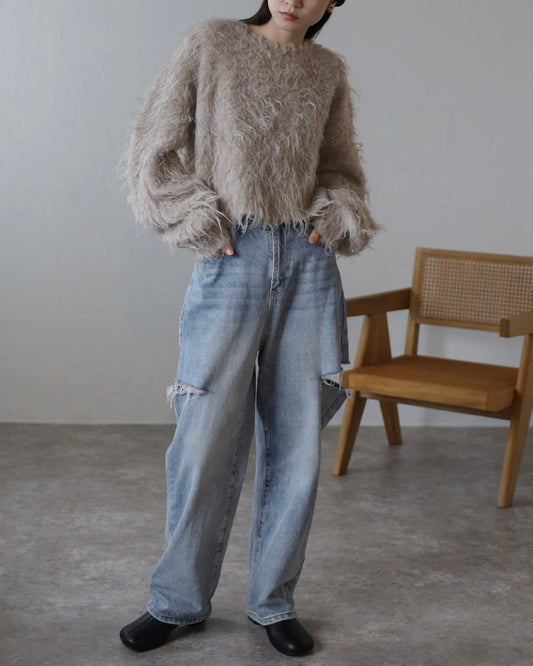 Teddy Bear Shaggy Cropped Pullover - Light Cocoa