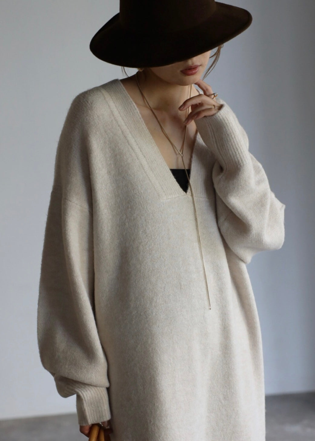 Deep V-neck Onepiece - Ivory