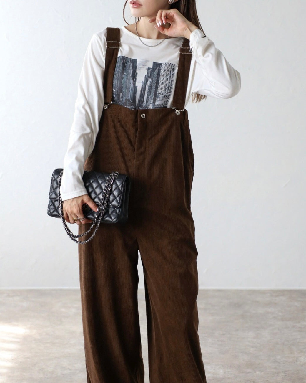 High-waist Corduroy Salopette - Brown