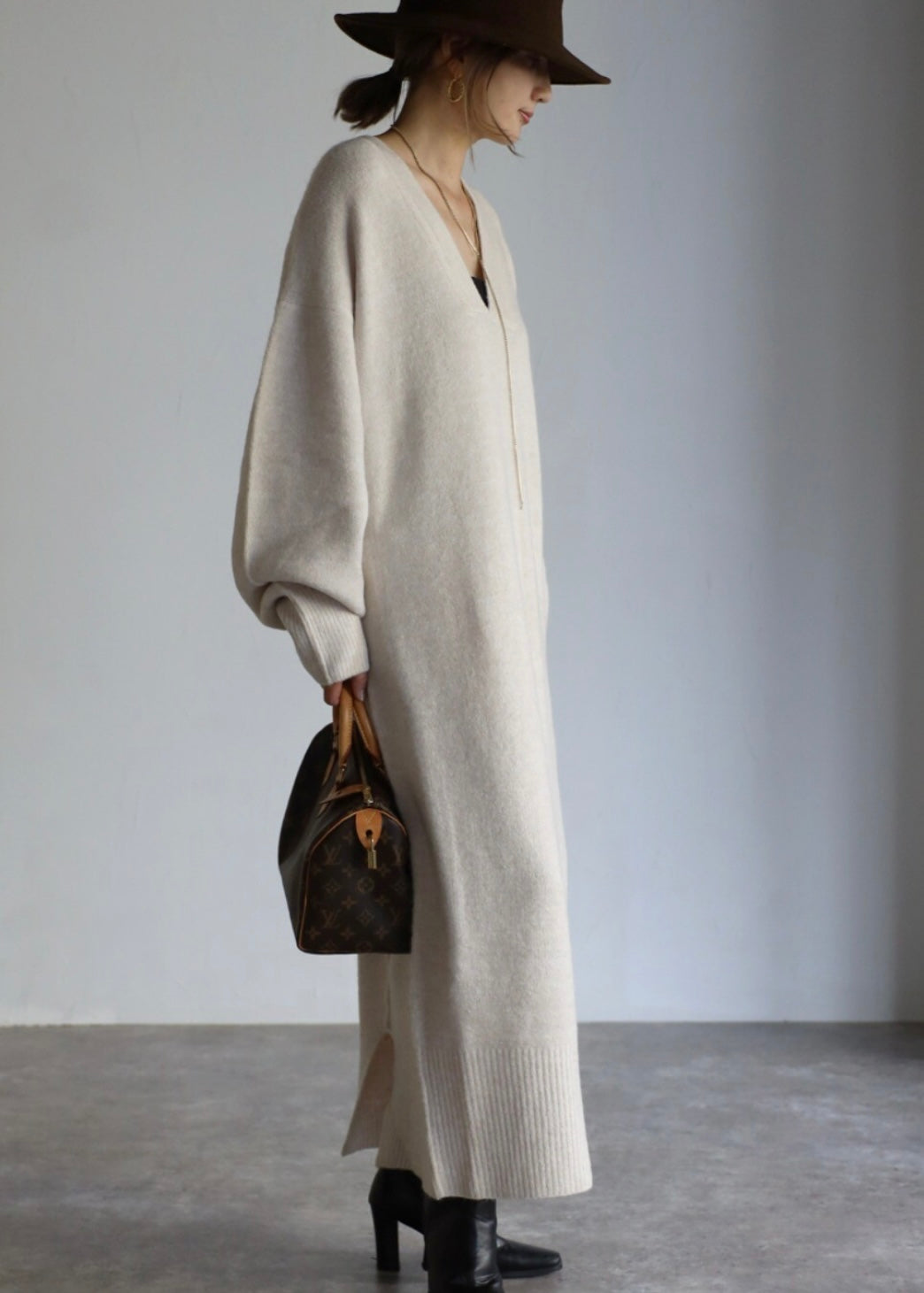 Deep V-neck Onepiece - Ivory