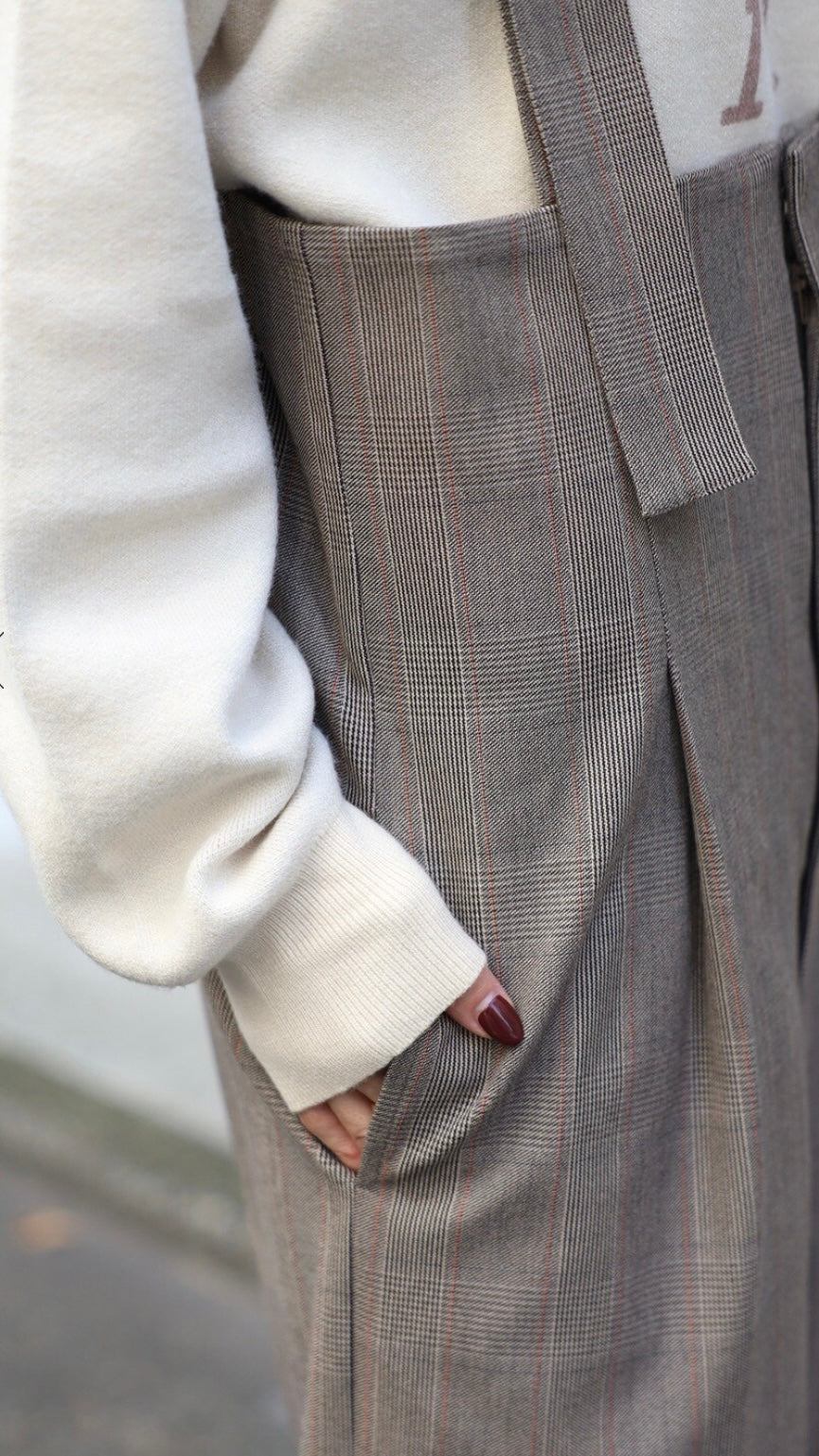 Check High-waist Salopette - Beige