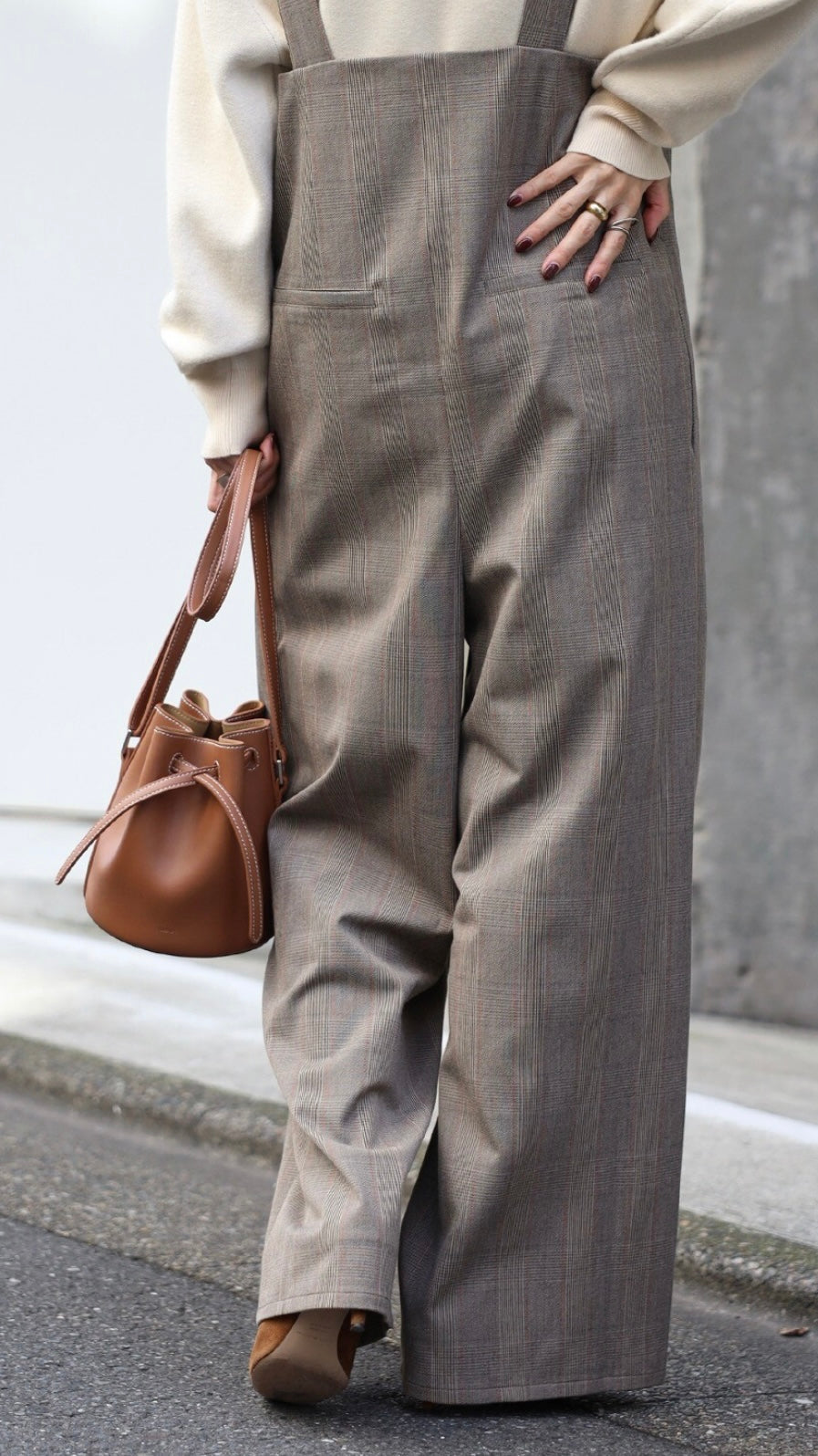 Check High-waist Salopette - Beige