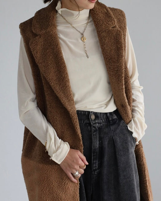 Single Brest Boa Vest - Light Brown