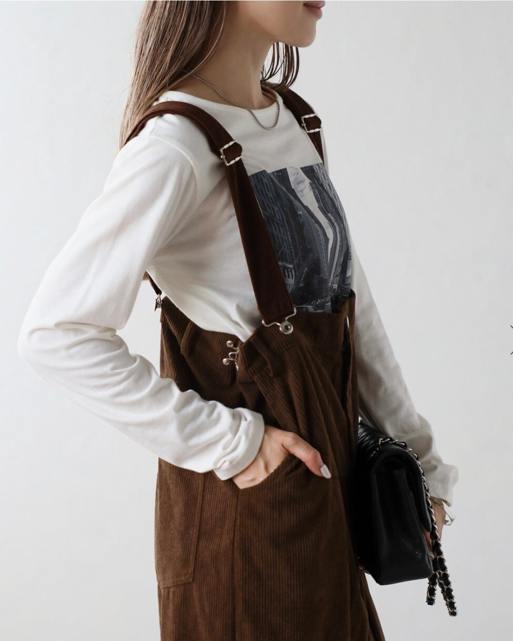 High-waist Corduroy Salopette - Brown