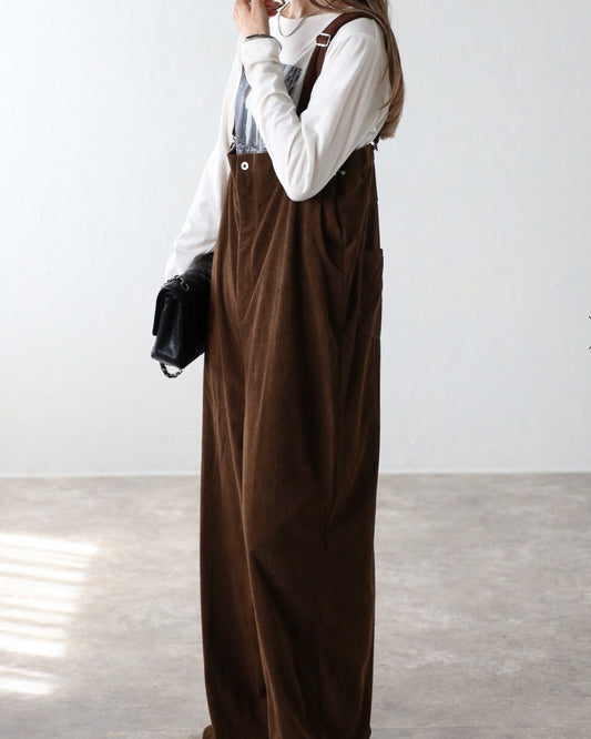 High-waist Corduroy Salopette - Brown