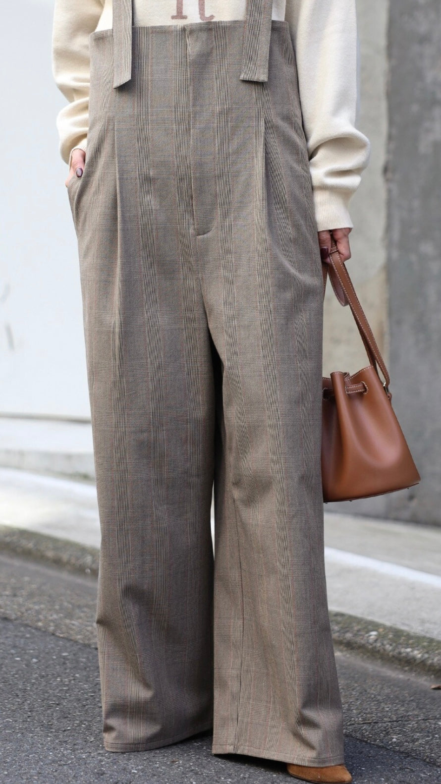 Check High-waist Salopette - Beige