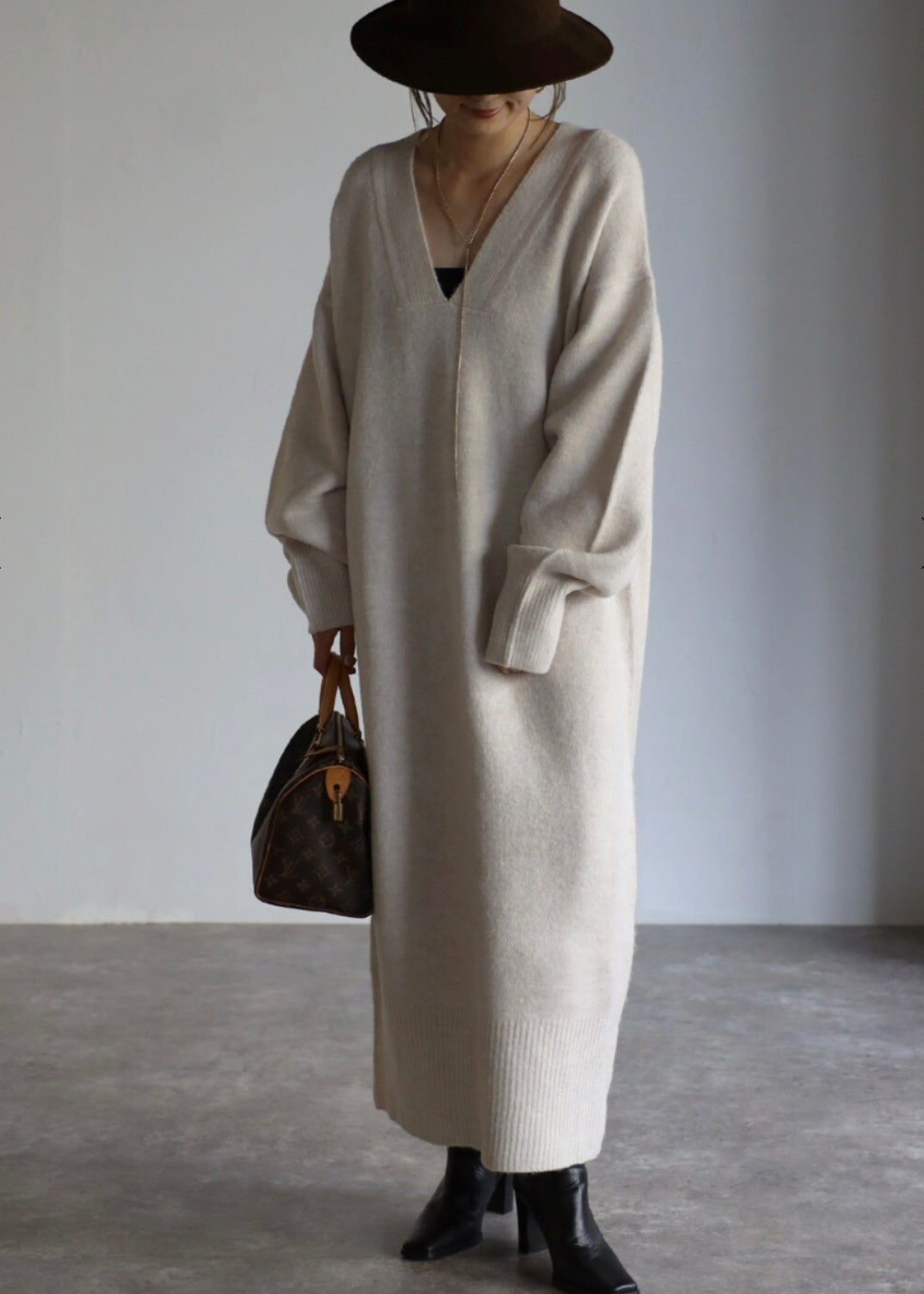 Deep V-neck Onepiece - Ivory