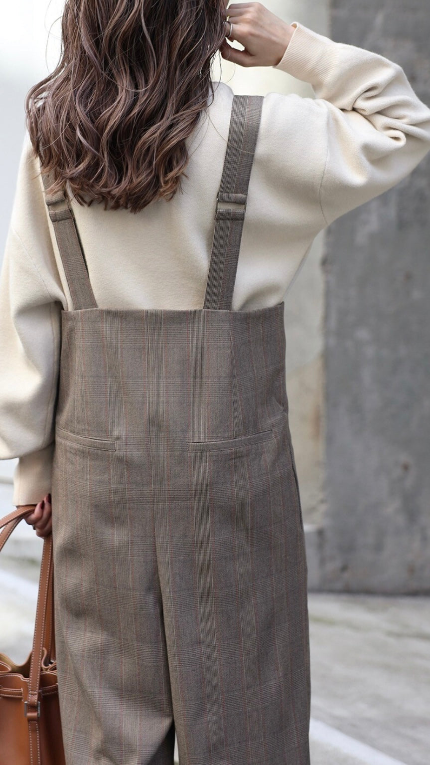 Check High-waist Salopette - Beige