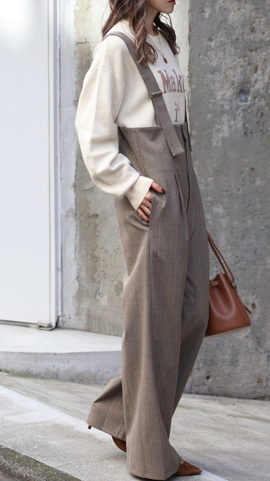 Check High-waist Salopette - Beige