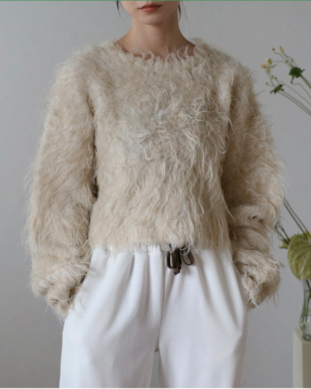 Teddy Bear Shaggy Cropped Pullover - Oatmeal