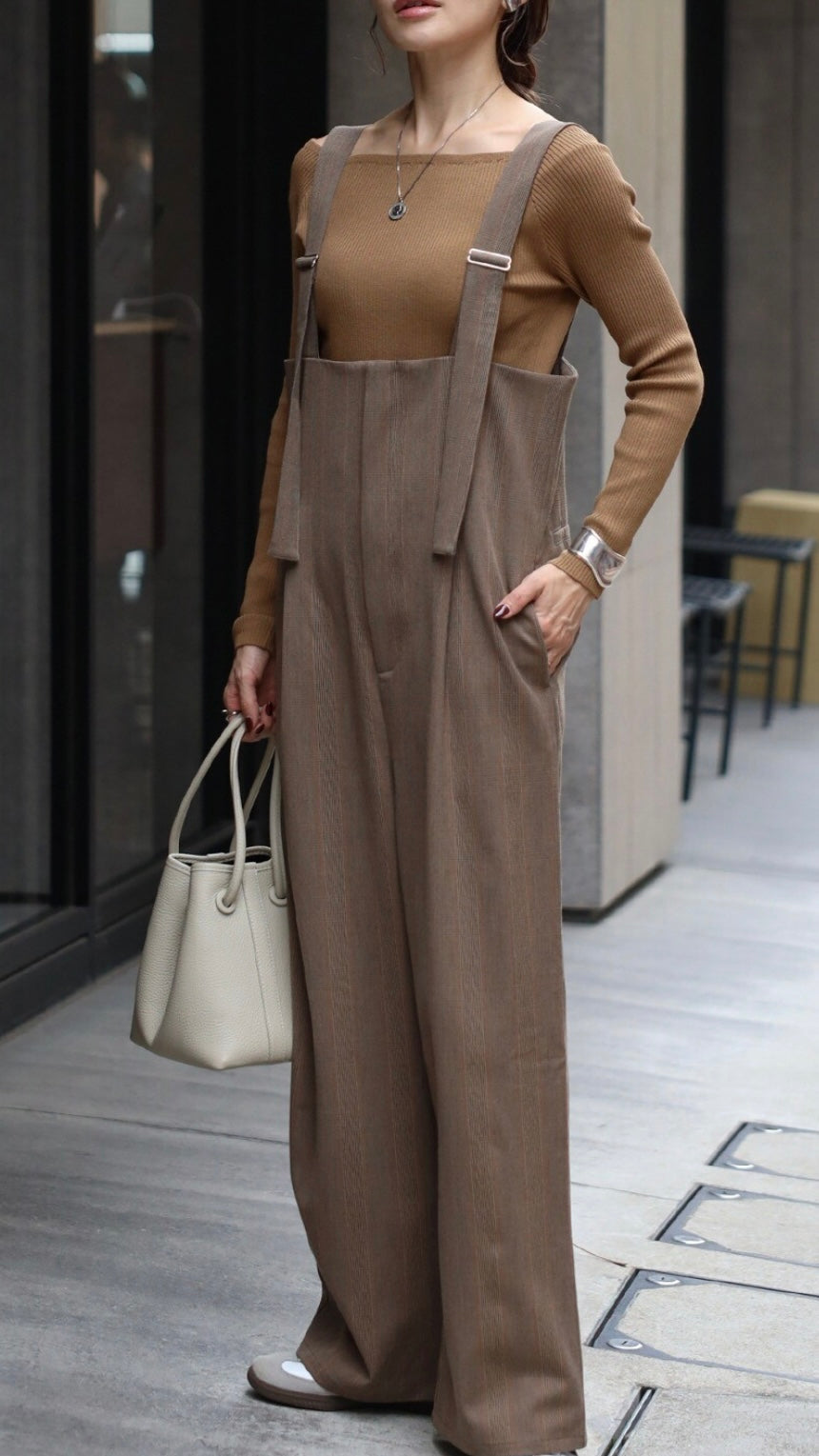 Check High-waist Salopette - Brown