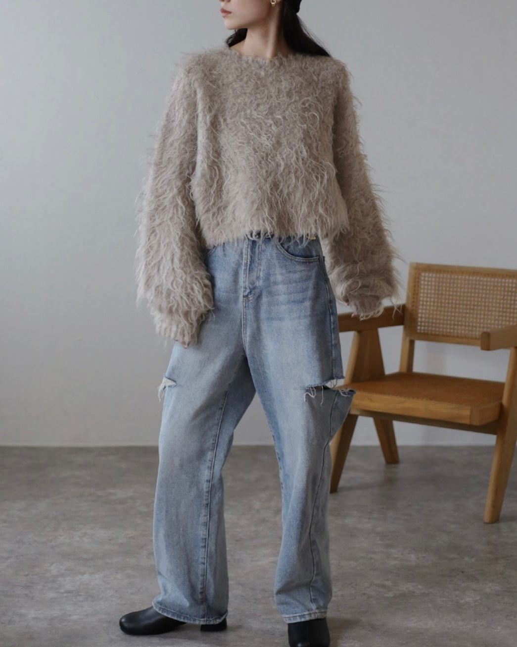 Teddy Bear Shaggy Cropped Pullover - Light Cocoa