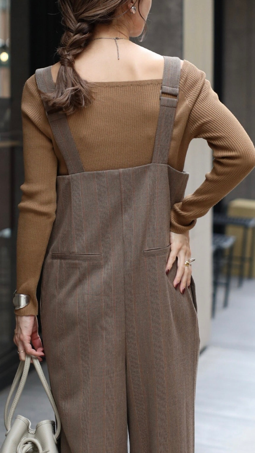Check High-waist Salopette - Brown