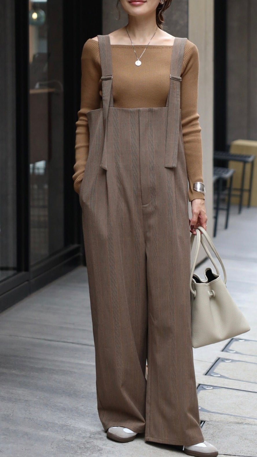 Check High-waist Salopette - Brown