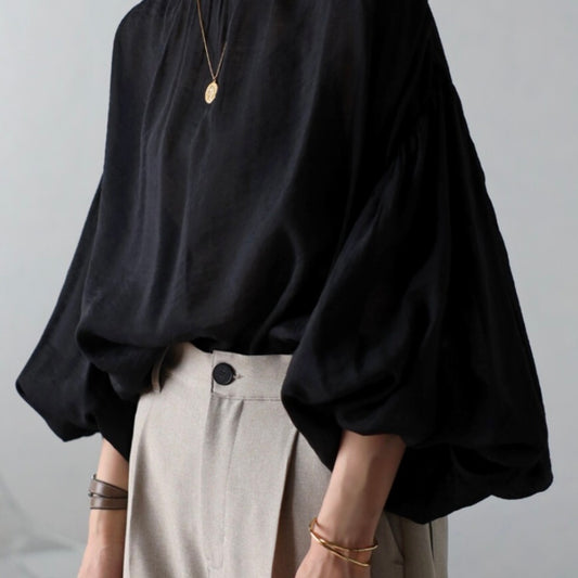 volume gather sheer blouse / black