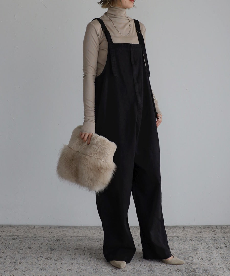 front zip denim salopette / black