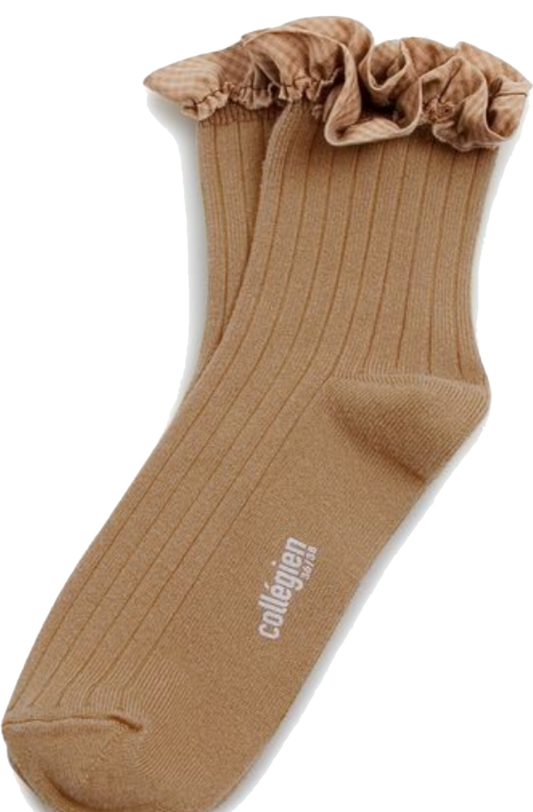 collegien / Brigitte - Gingham Ruffle Ribbed Ankle Socks (Petite Taupe)