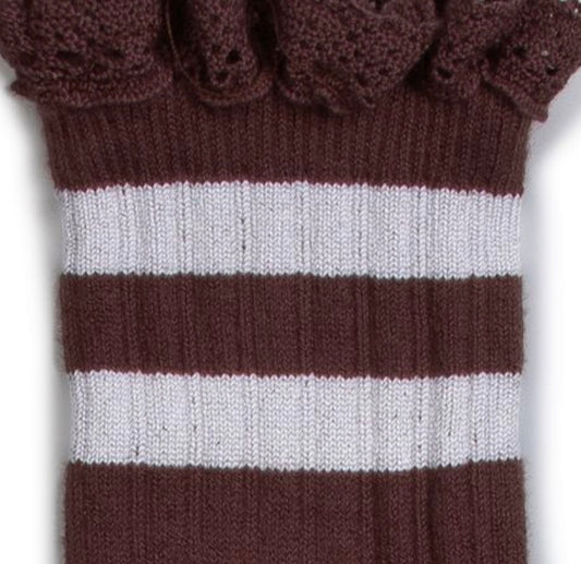 collegien / Nicole - Ribbed Varsity Crew Socks with Lace Trim (Ch?taigne)