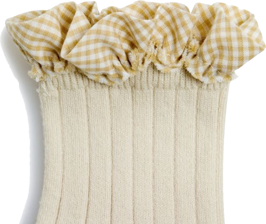 collegien / Brigitte - Gingham Ruffle Ribbed Ankle Socks (Doux Agneaux)