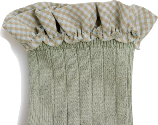 collegien / Brigitte - Gingham Ruffle Ribbed Ankle Socks (Aigue Marine)