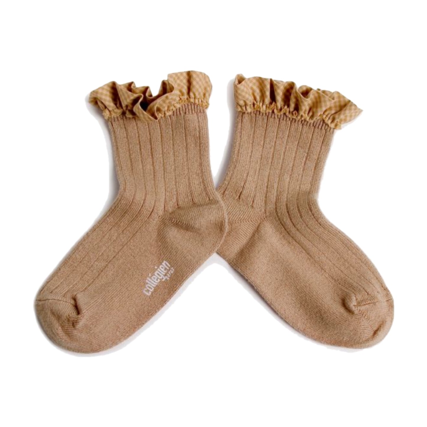 collegien / Brigitte - Gingham Ruffle Ribbed Ankle Socks (Petite Taupe)
