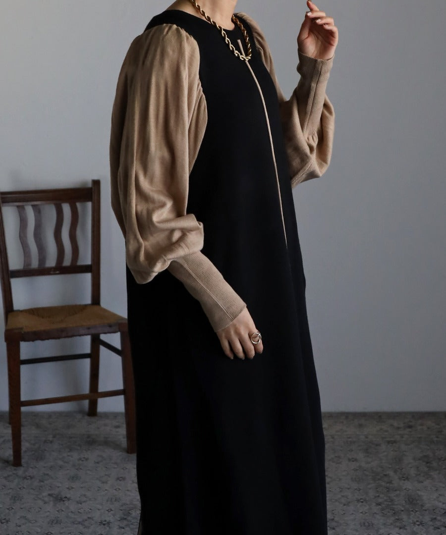 piping bicolor baloon sleeve onepiece
