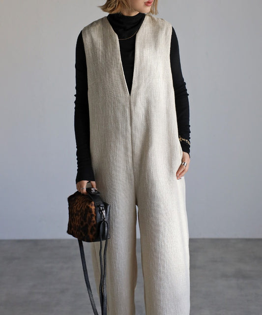 deep V-neck tweed all-in-one / light beige