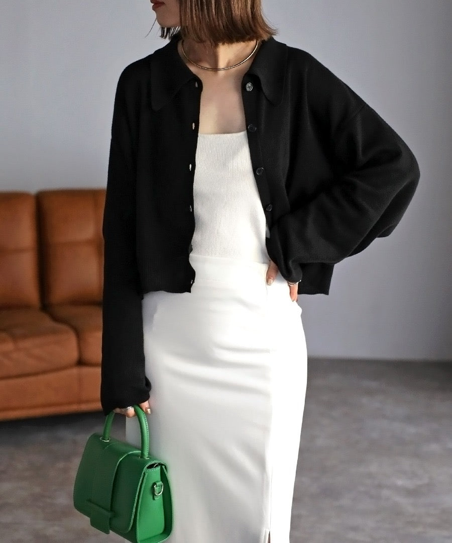 knit polo shirt cardigan / black