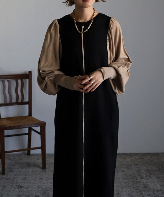 piping bicolor baloon sleeve onepiece