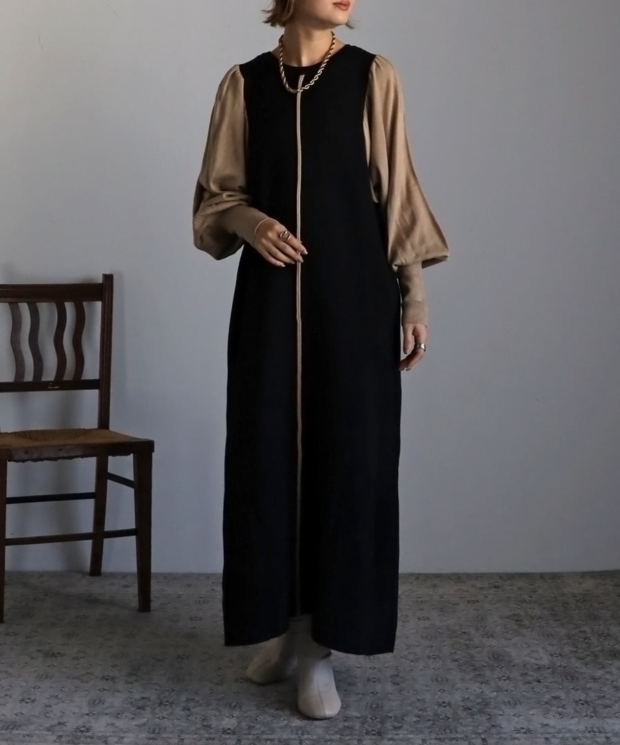 piping bicolor baloon sleeve onepiece
