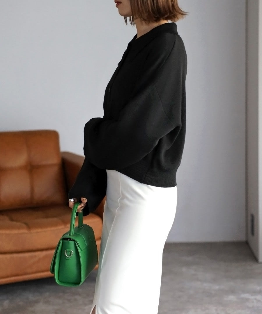 knit polo shirt cardigan / black