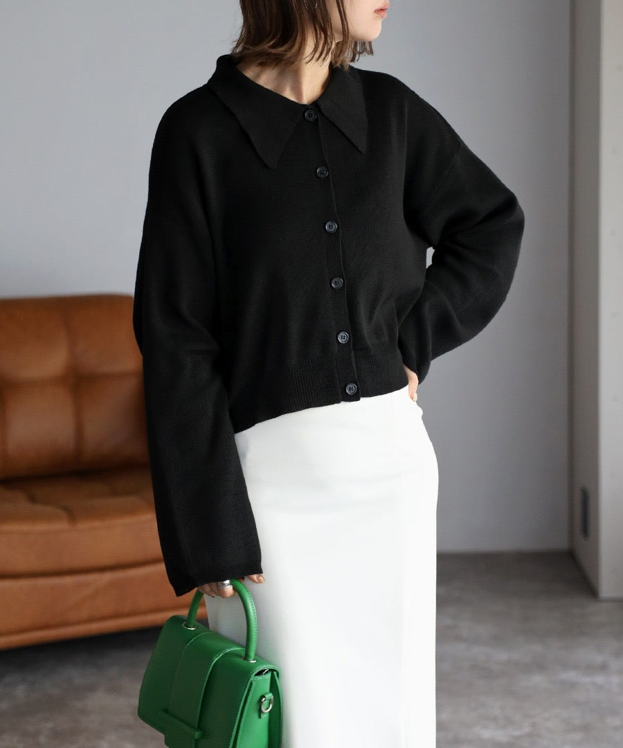 knit polo shirt cardigan / black