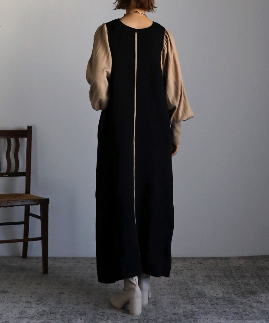 piping bicolor baloon sleeve onepiece