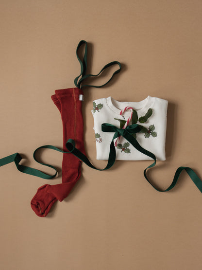 Retro Ribbed Footed Tights - Maple Leaf×Dark Forest Green [SILLY Silas × organic zoo]