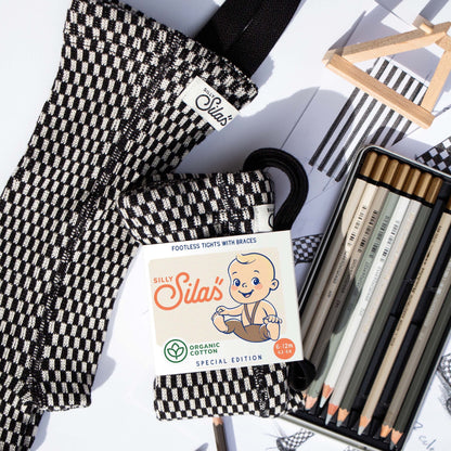 Retro Ribbed Footless Tights - Black × White Checked