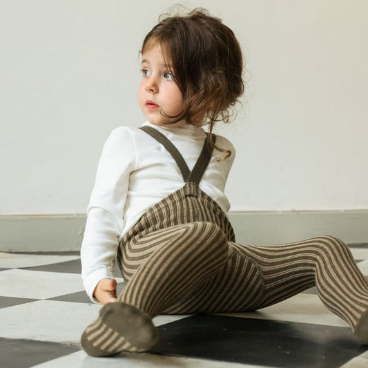 Retro Ribbed Footed Tights - Seaweed Brown × Peanut Striped [SILLY Silas]