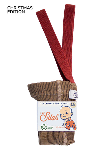 Retro Ribbed Footed Tights - Acorn Brown×Maple Leaf [SILLY Silas × organic zoo]