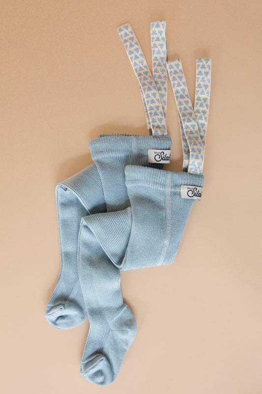 Retro Ribbed Footed Tights With Braces - Misty Blue Patterned [SILLY Silas](The Stories We Knit Collection)