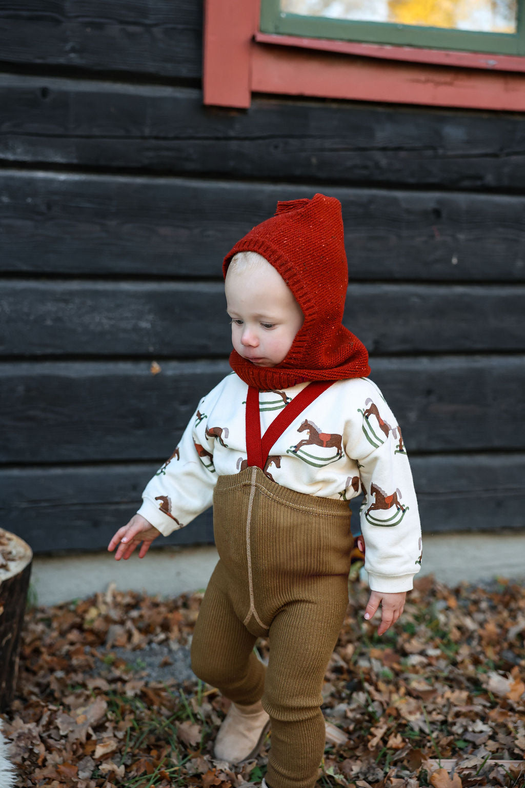 Retro Ribbed Footed Tights - Acorn Brown×Maple Leaf [SILLY Silas × organic zoo]
