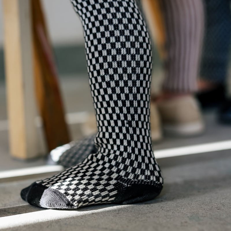 Retro Ribbed Footed Tights - Black × White Checked