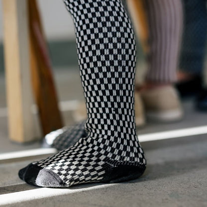 Retro Ribbed Footed Tights - Black × White Checked