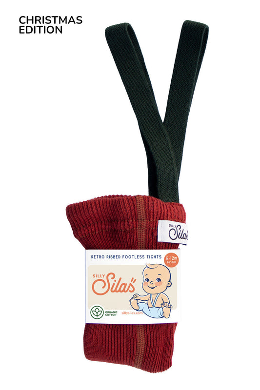 Retro Ribbed Footless Tights - Maple Leaf×Dark Forest Green [SILLY Silas × organic zoo]