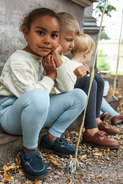 Retro Ribbed Footless Tights With Braces - Misty Blue Patterned [SILLY Silas](The Stories We Knit Collection)