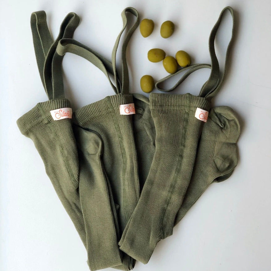 Retro Ribbed Footed Tights - Olive