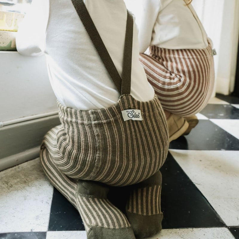 Retro Ribbed Footed Tights - Seaweed Brown × Peanut Striped [SILLY Silas]