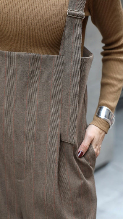Check High-waist Salopette - Brown