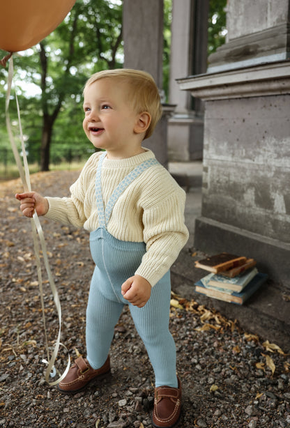 Retro Ribbed Footed Tights With Braces - Misty Blue Patterned [SILLY Silas](The Stories We Knit Collection)