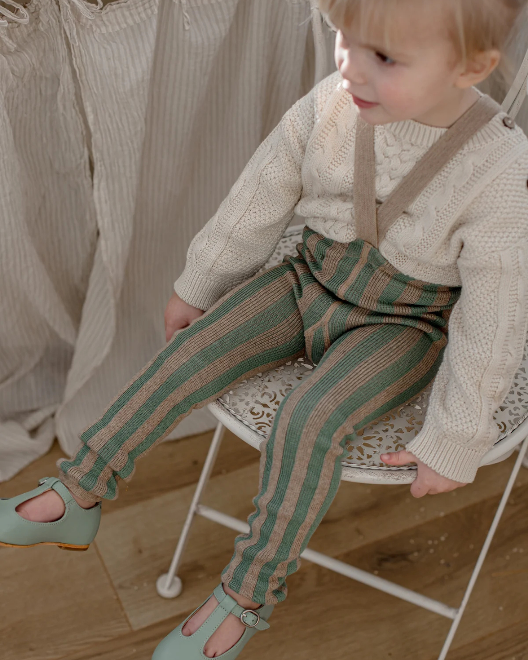 Retro Ribbed Footless Tights - Matcha × Peanut Striped [SILLY Silas]